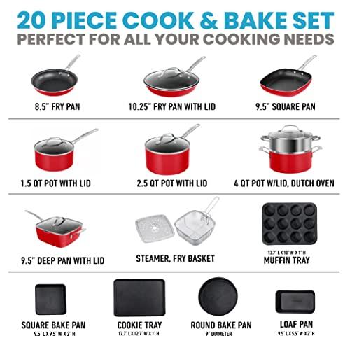 Granitestone Red Pots and Pans Set Nonstick, 20 Pc Kitchen Cookware Set & Bakeware Set with Mineral & Diamond Coating, Long Lasting Nonstick, Ultra Durable, Oven and Dishwasher Safe, 100% Toxin Free - CookCave