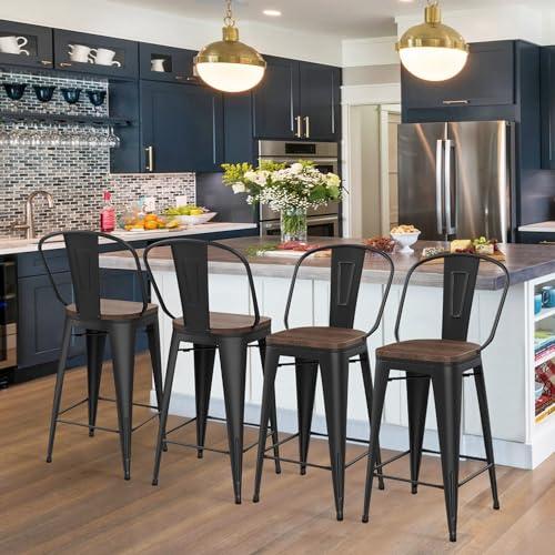 HAOBO Home 30" High Back Barstools Metal Stool with Wooden Seat [Set of 4] Counter Height Bar Stools, Matte Black - CookCave