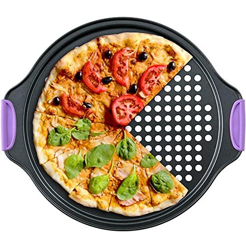 Amazing Abby - Chef Stacy - 13-Inch Non-Stick Pizza Pan with Holes, Perforated Pizza Crisper with Heat-Resistant Silicone Handle Grips, Oven-Safe Bakeware, Carbon Steel Baking Pan for Oven - CookCave