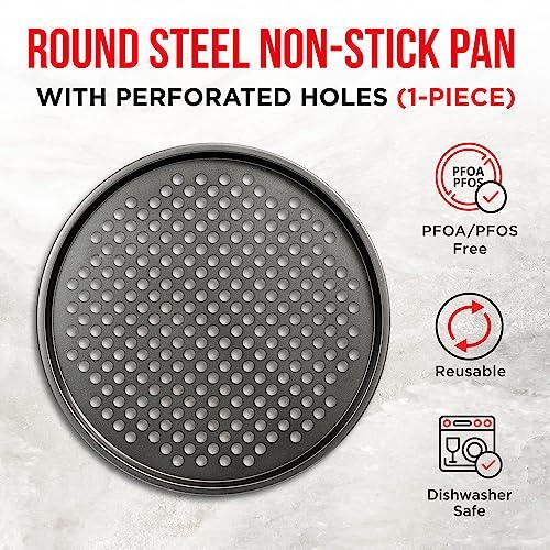 Bakken- Swiss Non-Stick Pizza Pan with Holes - 13-Inch Perforated Pizza Crisper Carbon Steel Pizza Pan - 1 Round Pizza Trays with Silicone Handles PFOA PFOS and PTFE Free - CookCave