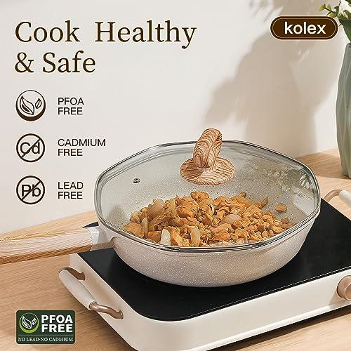 KOLEX Nonstick Deep Frying Pan Skillet, 11 Inch Saute Pan with Lid, Stay-cool Handle, Chef Pan Healthy Stone Cookware Cooking Pan, Induction Compatible, PFOA Free (White Granite, 11 Inch) - CookCave