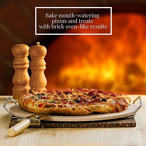 OVENTE Ceramic Flat 13 Inch Pizza Stone Set with Crust Cutter Wheel & Metal Rack/Handle, Compact Easy Storage Portable Baking Grilling Stone Thermal Shock Resistance for Oven Grill BBQ, Beige BW10132 - CookCave