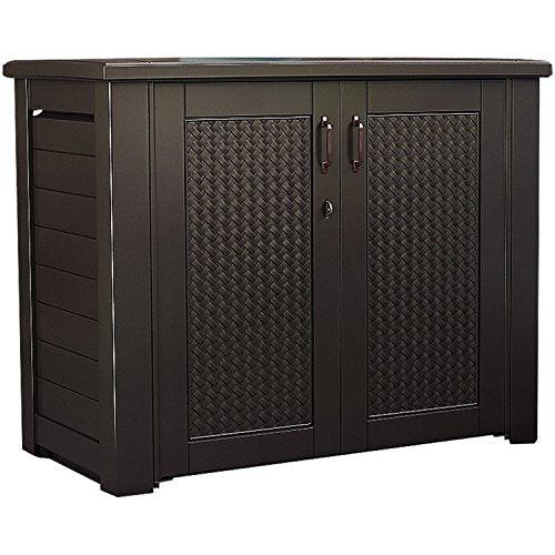 Rubbermaid Extra Large Decorative Patio Storage Cabinet, Weather Resistant, 123 Gal., Dark Teakwood, for Garden/Backyard/Home/Pool - CookCave