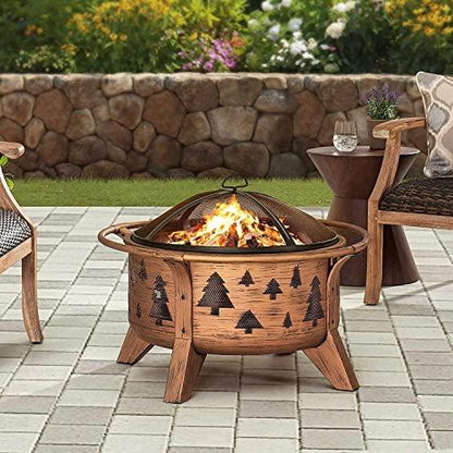 Sunjoy 30 in. Outdoor Wood-Burning Fire Pit, Patio Tree Motif Round Steel Firepit Large Fire Pits for Outside with Spark Screen and Poker - CookCave