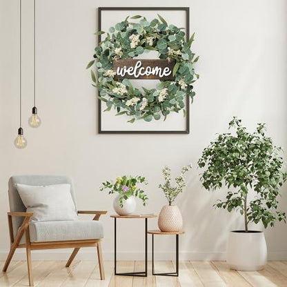Sggvecsy Green Artificial Eucalyptus Wreath with Welcome Sign 20in Spring Summer Wreath with White Berries for Front Door Wall Window Festival Farmhouse Porch Patio Garden Decor - CookCave