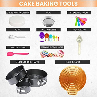 Cake Decorating Supplies - Cake Decorating Kit with 3 Springform Cake Pans Set, Cake Rotating Turntable, Cake Decorating Tools with Baking Set-Cake Baking Supplies for Beginners and Lovers - CookCave