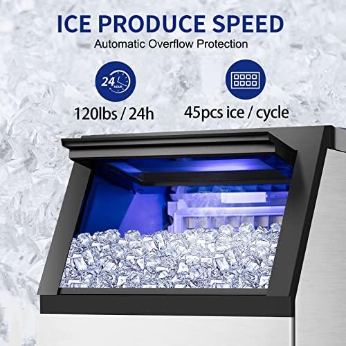 Commercial Ice Maker Machine 120Lbs/24H with 35Lbs Ice Capacity, 45Pcs Clear Ice Cubes Ready in 11-20Mins, Stainless Steel Under Counter Freestanding Large Ice Machine, 2 Water Inlet Modes - CookCave