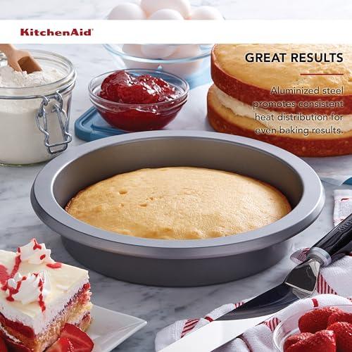 KitchenAid Nonstick 9 in Round Cake Pan with Extended Handles for Easy Grip, Aluminized Steel to Promoted Even Baking, Dishwasher Safe,Contour Silver - CookCave