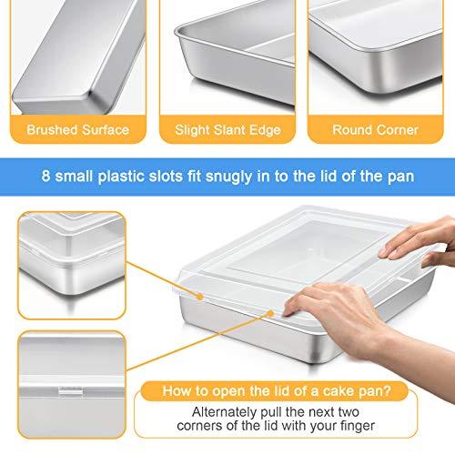 E-far Stainless Steel Baking Pan with Lid, 12⅓ x 9¾ x 2 Inch Rectangle Sheet Cake Pans with Covers Bakeware for Cakes Brownies Casseroles, Non-toxic & Healthy, Heavy Duty & Dishwasher Safe - Set of 2 - CookCave