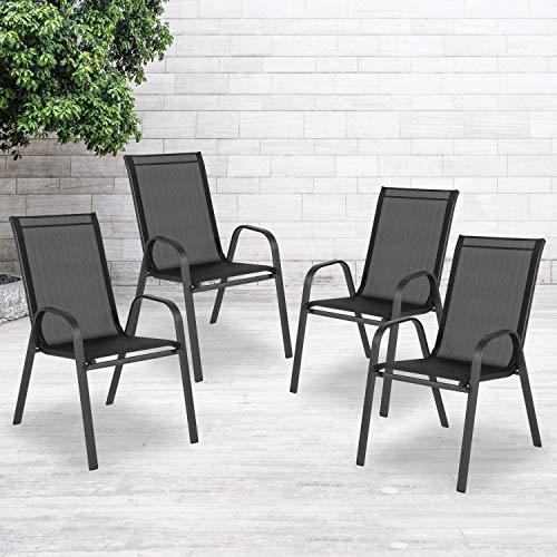 EMMA + OLIVER 4 Pack Black Outdoor Stack Chair with Flex Comfort Material - Patio Stack Chair - CookCave