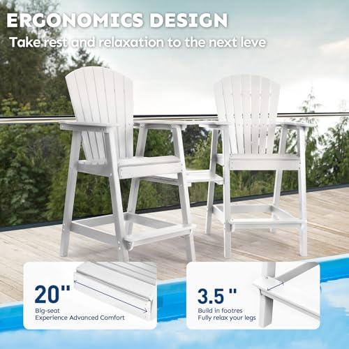 Tall Adirondack Chairs Set of 2, Weather Resistant HDPE Adirondack Barstools, Balcony Chairs with Double Connecting Tray & Umbrella Hole, Patio Stools for Outdoor Deck Lawn Pool Backyard, White - CookCave