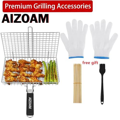 AIGMM Portable Stainless Steel BBQ Barbecue Grilling Basket for Fish ,Vegetables , Steak ,Shrimp, Chops and Many Other Food .Great and Useful BBQ Tool. - CookCave