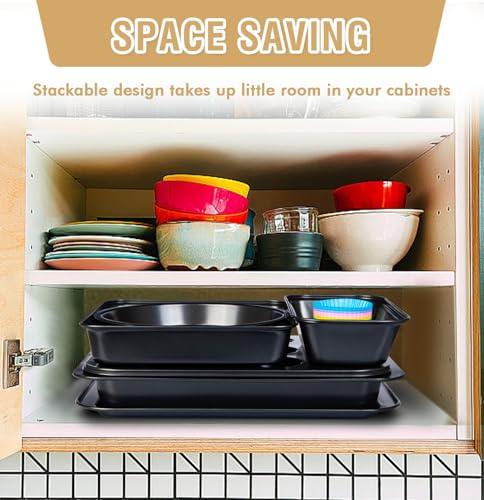 Nonstick Baking Pans Set, 9 Pieces Bakeware Set Stackable for Oven with Non-stick Cookie Sheet, Square/Round Cake Pans, Muffin, Loaf Pan, Baking Tray, Cooling Rack and Oven Mitt - CookCave