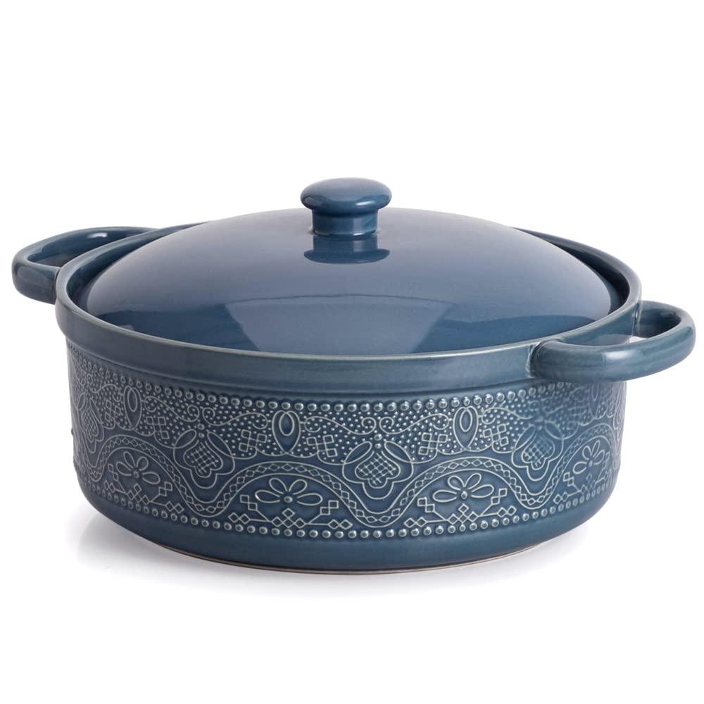 FUN ELEMENTS Lace Emboss Casserole Dish with Lid, 2 Quart Oven to Table Ceramic Round Serving Dish with Handles for Dinner and Party(Grayish Blue) - CookCave