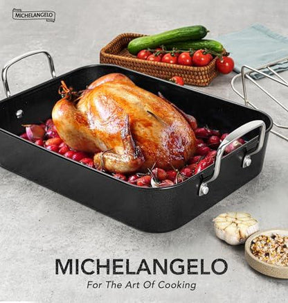 MICHELANGELO Roasting Pan with Rack, Carbon Steel Turkey Roasting Pan for Oven and Induction, Nonstick Turkey Roaster Pan with Stainless Steel Rack, 15 Inch x 11 Inch - CookCave