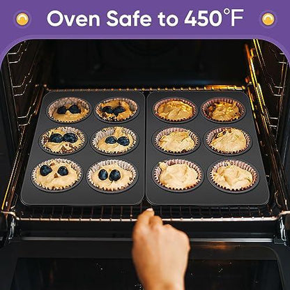 E-far Muffin Pan Set of 2, Non-stick Muffin Pan Tin for Baking, 6-Cup Metal Cupcake Pan Tray for Oven, Easy Release & Clean, Regular Size - 11.44 x 7.12 x 1.25 Inch - CookCave