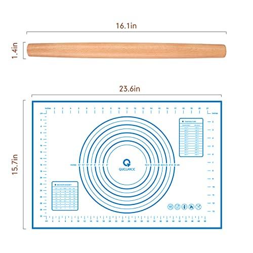 Wood French Rolling Pin for Baking, QUELLANCE Wooden Dough Roller with Silicone Baking Mat, Beech Wood Rolling Pins for Baking Dough, Pizza, Pie, Pastries, Pasta and Cookies,Blue Pastry Mat - CookCave