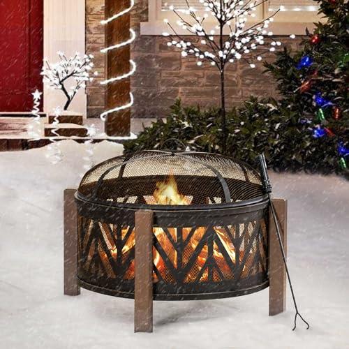 Sunjoy 27 in. Large Fire Pits for Outside Round Wood-Burning Fire Pit, Outdoor Patio Steel Bowl Shape Fire Pit with Mesh Spark Screen and Poker Tool - CookCave