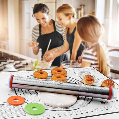 Rolling Pin and Pastry Baking Mat Set, Rolling Pins with Adjustable Thickness Rings, Stainless Steel Dough Roller for Baking Fondant, Pizza, Pie, Pastry, Pasta, Cookies (Black Mat) - CookCave