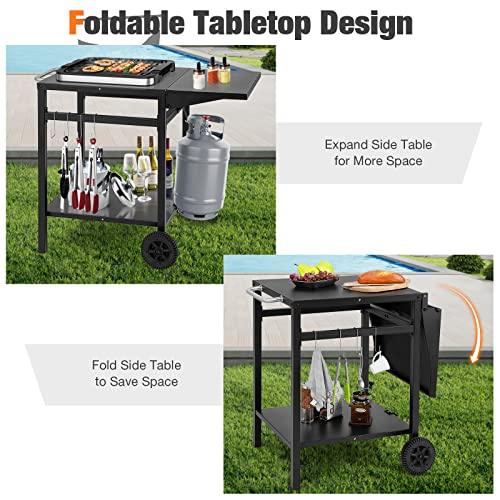 Giantex Outdoor Pizza Oven Stand Grill Cart with Wheels, Foldable Side Table, Gas Tank Hook, 4 Removable Hooks, Double-Shelf Movable Dining Cart Food Prep Worktable Trolley for Outside Kitchen BBQ - CookCave