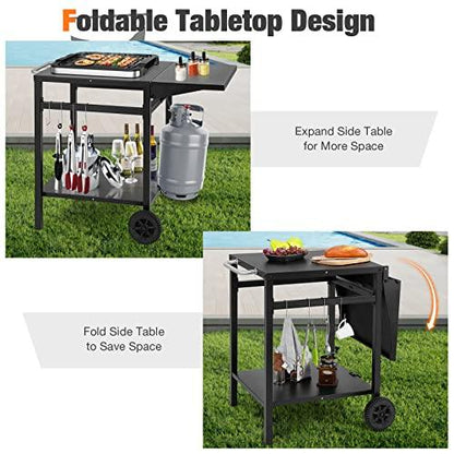 Giantex Outdoor Pizza Oven Stand Grill Cart with Wheels, Foldable Side Table, Gas Tank Hook, 4 Removable Hooks, Double-Shelf Movable Dining Cart Food Prep Worktable Trolley for Outside Kitchen BBQ - CookCave