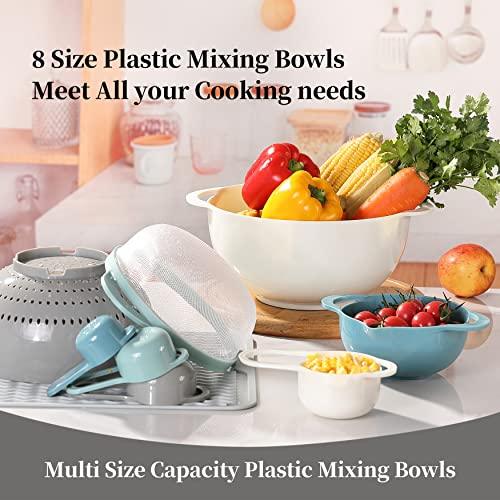 Lccowot 8PCS Mixing Bowls, Plastic Mixing Bowl Set, includes 2 Mixing Bowl, 1 Colander, 1 Sifter and 4 Measuring Cups, Space Saving Nesting Mixing Bowls for Kitchen, Ideal for Baking and Cooking - CookCave