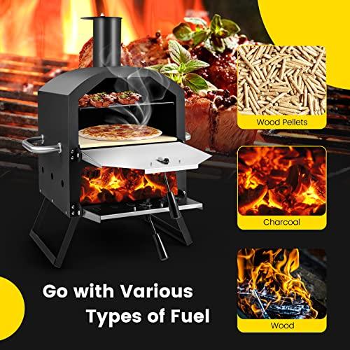 Giantex Outdoor Pizza Oven Wood Fired, 2-Layer Pizza Maker with Pizza Stone, Pizza Peel, Removable Cooking Rack, Waterproof Cover, Folding Legs, Outside Pizza Ovens for Camping Backyard BBQ (28 Inch) - CookCave