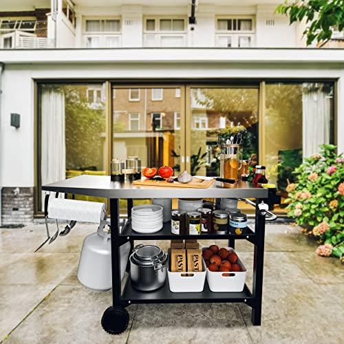 Skyflame Movable Outdoor Dining Cart Table, Three-Shelf Stainless Steel BBQ Grill Cart, Multifunctional Food Prep Flattop Worktable on Wheels for Kitchen, Pizza Oven, Patio Grilling Backyard - CookCave