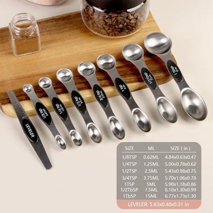 ChefAide Stainless Steel Magnetic Measuring Spoons Set, Dual Sided, Stackable, Adjustable Teaspoon and Tablespoon Measure Spoon with Leveler, Kitchen Gadgets Set of 8 - CookCave