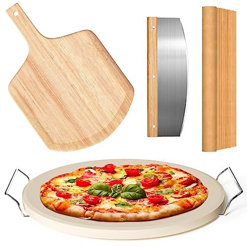 5 PCS Round Pizza Stone Set, 13" Pizza Stone for Oven and Grill with Pizza Peel(OAK),Serving Rack, Pizza Cutter & 10pcs Cooking Paper for Free, Baking Stone for Pizza, Bread - CookCave