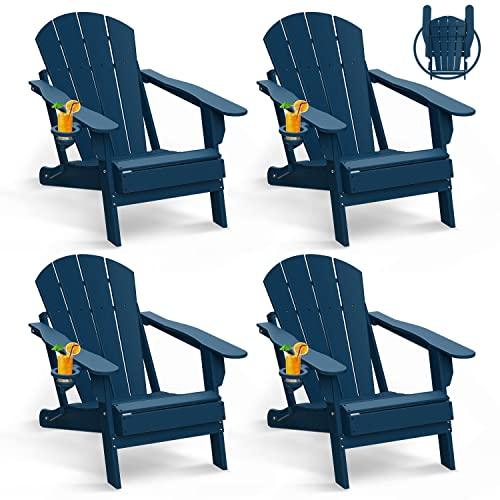 GREENVINES Folding-Adirondack-Chair-Set-of-4, HDPE All Weather Fire Pit Chairs with Cup Holder, Plastic Campfire Chair for Deck Backyard Patio Outdoor Poolside Porch Lawn Outside, Blue - CookCave