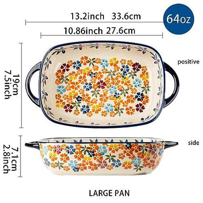ONECCI Retro pastoral style Ceramic Baking Dish Rectangular Bakeware Set Baking Pan, 2-piece Hand-painted Porcelain Baking pan with handle, Casserole Dish for Oven/Cooking/Kitchen (Colorful Flower) - CookCave