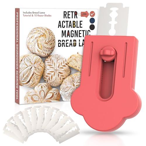 MEKER Bread Lame, Extractable Magnetic Dough Scoring Tool for Sourdough Bread Baking & Making, Includes Scoring Patterns Booklet and 10 Razor Blades, Red - CookCave