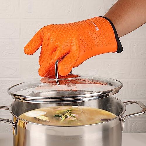 KEEMAKE Silicone Oven Mitts, Heat Resistant Gloves for Grilling Outside Silicone&Cotton Lining Double Protection Oven Gloves with Fingers, Waterproof, Heat & Cold Resistant BBQ Grilling Gloves-Orange - CookCave