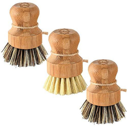 Bamboo Scrub Brush - S&C Kitchen, Cleans Pan/Vegetable/Dishes/Wok, Scrub Brush Dishes for Kitchen/Bathroom, Made Out of Palm & Sisal Bristles with a Handle, Vegetable Brush for Cleaning, Set of 3 - CookCave
