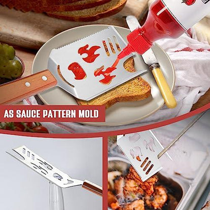 Grill Spatula for Outdoor Grill, 8 in 1 BBQ Spatula with Flip Fork，Knife, Serrated Edge, 16" Long Grilling Tools with Wooden Handle, Unique BBQ Grilling Gifts for Men - CookCave