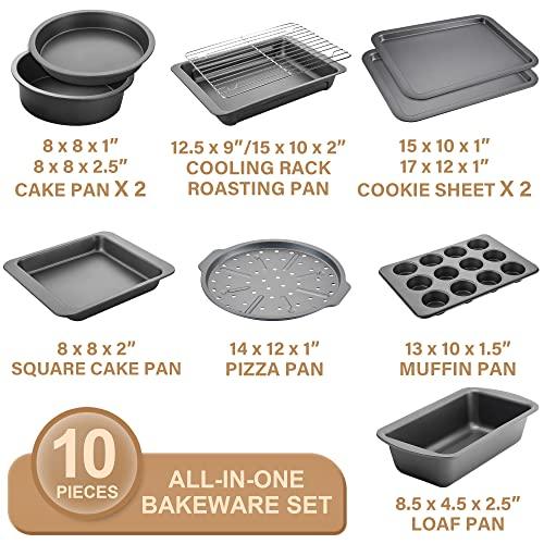 HONGBAKE Bakeware Sets, Baking Pans Set, Nonstick Oven Pan for Kitchen with Wider Grips, 10 Pieces Including Rack, Cookie Sheet, Cake Pans, Loaf Pan, Muffin Pan, Pizza Pan - Grey - CookCave