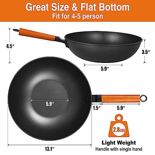 Anyfish Wok Pan with Lid, 13in Woks & Stir Fry Pans with Silicone Spatula, Nonstick Wok and Carbon Steel Woks, No Chemical Coated Flat Bottom Chinese Wok For Induction, Electric, Gas, All Stoves - CookCave