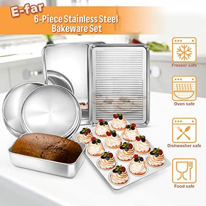 E-far 6-Piece Baking Pans set, Stainless Steel Bakeware Set for Oven, Include 8-Inch Cake Pan/Rectangle Baking Cookie Sheet/Muffin/Loaf Pan, Non-Toxic & Heavy Duty, Dishwasher Safe - CookCave