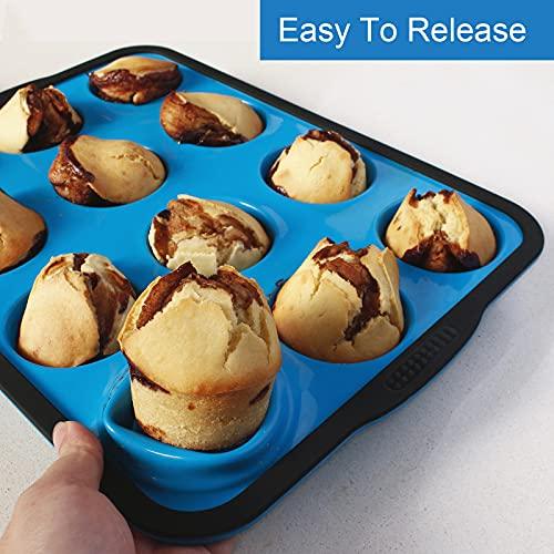 Aichoof Non-Stick Silicone Muffin Pan With Reinforced Stainless Steel Frame Inside,12 Cup Regular Muffin Baking Mold, 12 Cup Muffin Tin, BPA Free,Dishwasher Safe, Blue - CookCave