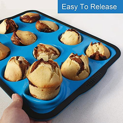 Aichoof Non-Stick Silicone Muffin Pan With Reinforced Stainless Steel Frame Inside,12 Cup Regular Muffin Baking Mold, 12 Cup Muffin Tin, BPA Free,Dishwasher Safe, Blue - CookCave