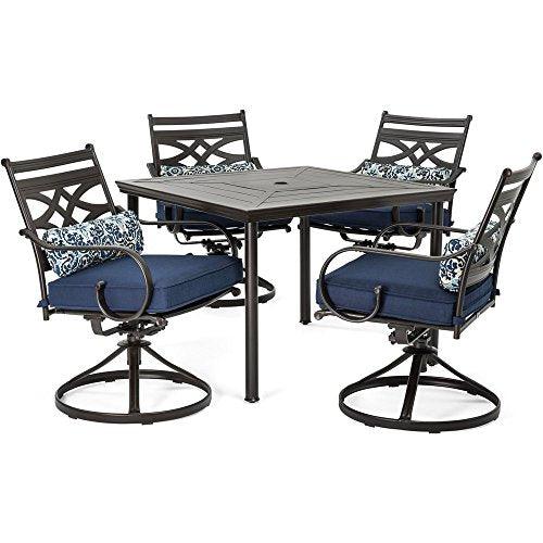 Hanover Montclair 5-Piece Patio Dining Set with 4 Swivel Chairs, Navy Blue Cushions and 40" Square Table, Modern Outdoor Dining Set for 4, Premium All-Weather Patio Furniture for Backyard & Deck - CookCave