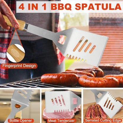 N NOBLE FAMILY Premium Grill Accessories Set with Bamboo Grain Smooth Handle - 30PCS Stainless Steel BBQ Tools Set with Bamboo Grain Suitcase - Unique BBQ Utensils Set Gift for Men Women - CookCave