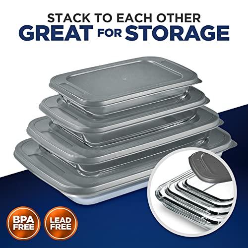 NutriChef 4 Sets Glass Bakeware - High Borosilicate Rectangular Glass Baking Dish w/Gray BPA-Free PE Lids, Freezer-to-Oven Home Kitchen Bake Casserole Food Storage Stackable Tray Pan, Dishwasher Safe - CookCave