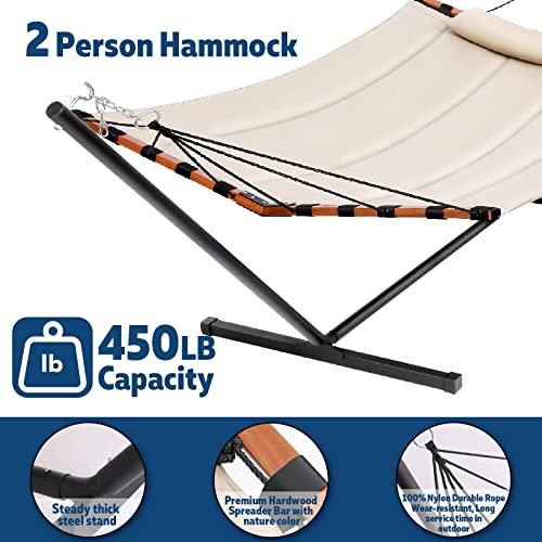 TegerDeger 12FT 2 Person Hammock with Stand Included 55 x 79IN Large Hammock 450LB Capacity with Hardwood Spreader Bar & Nylon Rope for Outside, Patio, Garden, Backyard, Beach, Poolside - Beige - CookCave