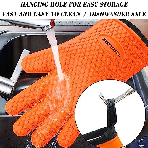 Silicone Gloves Oven Mitts Heat Resistant BBQ Smoker Grill Gloves Handle Hot Food Pulled Pork Gloves for Cooking Baking Grilling Barbecue Potholder Five Finger Gloves with Inner Cotton Layer - Orange - CookCave
