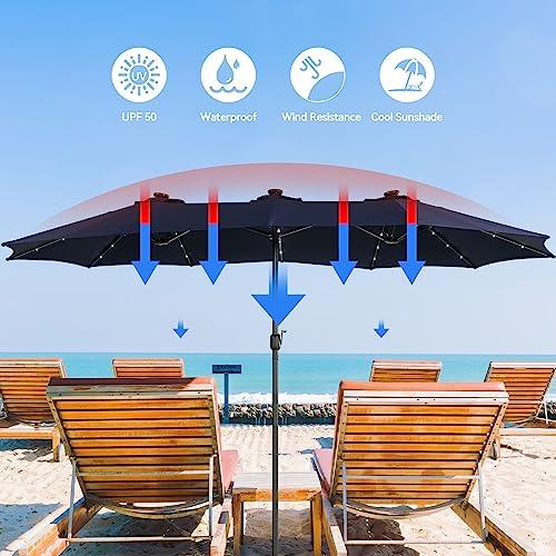 MONDAWE 15ft Double Sided Patio Umbrella with Solar Lights (Base Included) Large Outdoor Table Umbrella Rectangular Market Umbrella with Hand Crank 36 LED 12 Ribs for Outside Backyard Poolside - CookCave