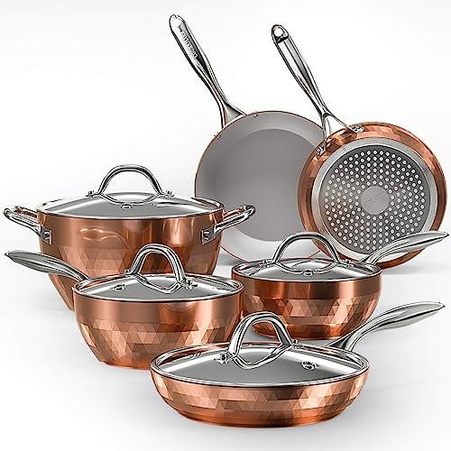 COOKSMARK 10-Piece Diamond Nonstick Ceramic Induction Cookware Set Scratch-Resistant Pots and Pans Set with Lids, Dishwasher Safe Oven Safe, Copper - CookCave