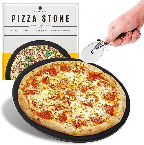 Heritage Pizza Stone, 15 inch Ceramic Baking Stones for Oven Use - Non Stick, No Stain Pan & Cutter Set for Gas, BBQ & Grill - Kitchen Accessories & Housewarming Gifts with Bonus Pizza Wheel - Black - CookCave