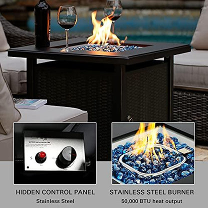 BALI OUTDOORS 28 Inch Propane Fire Pit Table, Rattan & Wicker-Look 50,000 BTU Gas Firepits with Blue Fire Glass for Outside Patio and Garden - CookCave